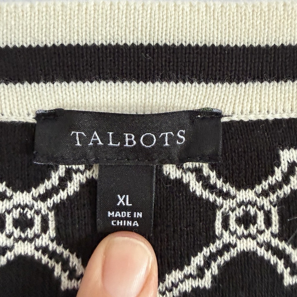 Talbots V-Neck Cardigan Lattice Jacquard XL Black Off White Career Casual Preppy - Picture 5 of 9